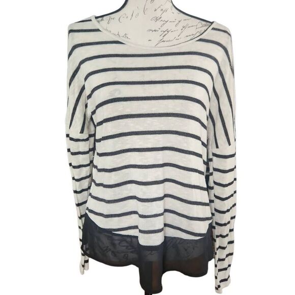 American Rag Women's Size Large Black White Striped Back Sheer Panel Top - Picture 1 of 7